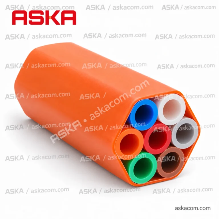 ASKA-branded illustration of a seven-way HDPE microduct bundle, with repeated ASKA and askacom.com watermarks.