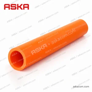 ASKA-branded illustration of a single-bore orange HDPE microduct, with repeated ASKA and askacom.com watermarks.