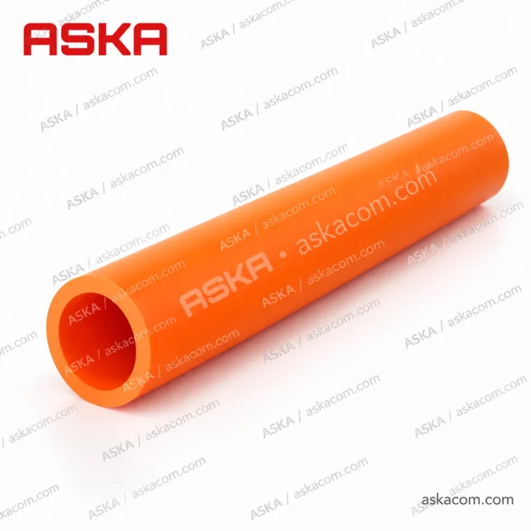 ASKA-branded illustration of a single-bore orange HDPE microduct, with repeated ASKA and askacom.com watermarks.
